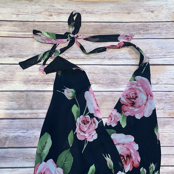 Black Floral Rose Halter Backless Romper with Ruffle Hem - Picture 3 of 7